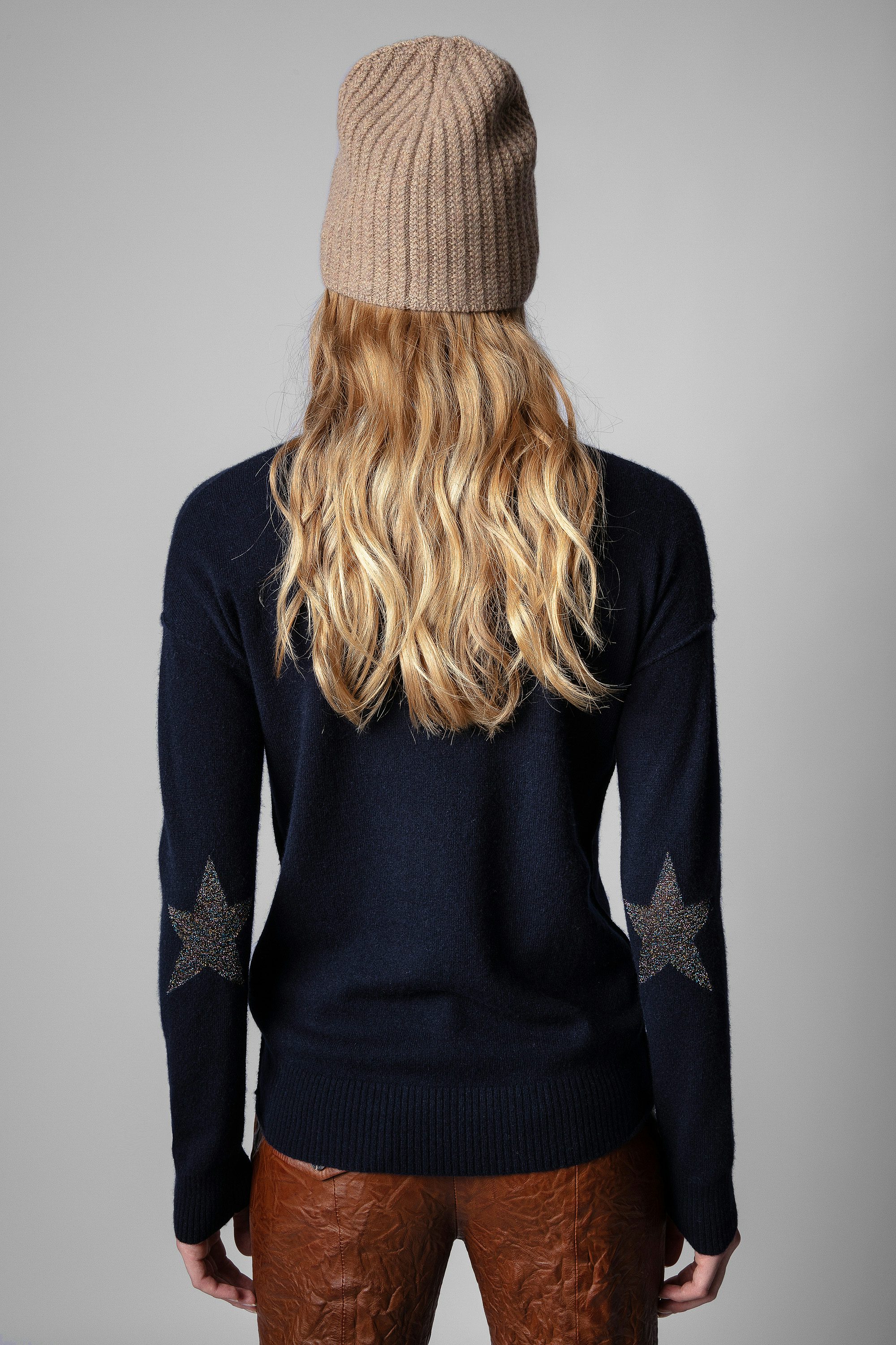 Vivi Cashmere Sweater - Women's navy blue cashmere sweater with star patches